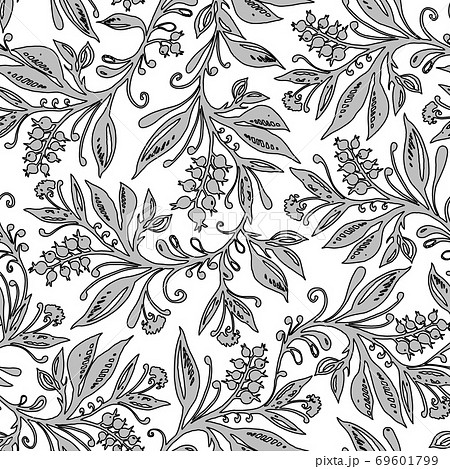 Floral seamless pattern with leaves and berries in grayscale. Hand drawing. Floral seamless pattern with leaves and berries in grayscale. Hand drawing. 69601799