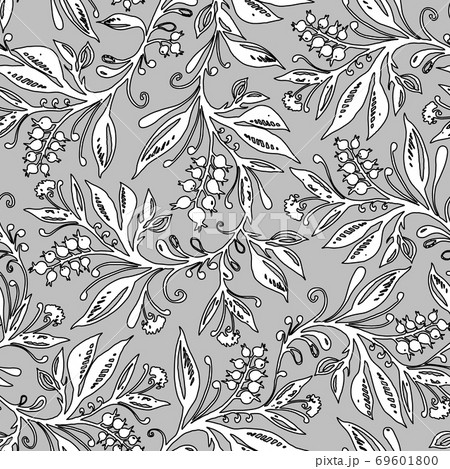 Floral seamless pattern with leaves and berries in grayscale. Hand drawing. Floral seamless pattern with leaves and berries in grayscale. Hand drawing. 69601800
