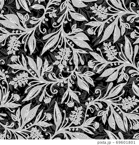 Floral seamless pattern with leaves and berries in black, white and gray. Hand drawing. 69601801