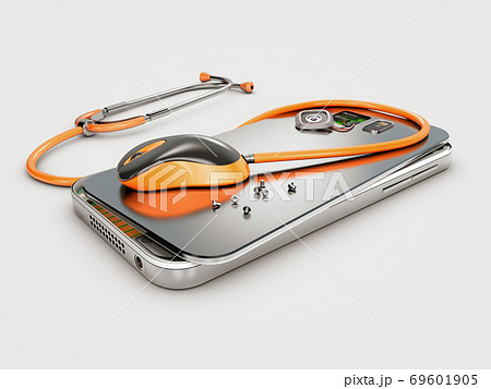 Mobile phone repair, 3D illustration. Broken mobile phone with battery. Repair electronic equipment 69601905