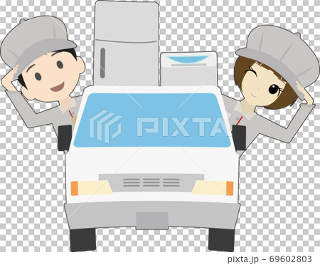 軽トラで荷物を運ぶ可愛い男性と女性の配送員のイラストのイラスト素材 軽トラで荷物を運ぶ可愛い男性と女性の配送員のイラストのイラスト素材