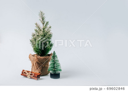 Winter layout with a small Christmas tree on a blue background 69602846