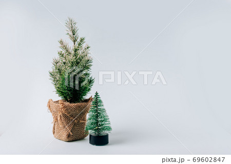 Winter layout with a small Christmas tree on a blue background 69602847