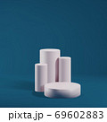 Pillars, cylinders for marketing show, display product. Pink pedestal on blue background, minimalistic studio stage. Realistic 3d vector illustration. 69602883