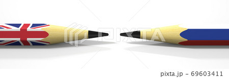 Opposing pencils with flags of Great Britain and Russia. Conflict concept, 3d rendering 69603411