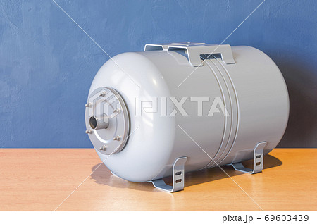 Pressure Tank Vessel Expansion for Domestic Waterworks Pump on the wooden table. 3D rendering Pressure Tank Vessel Expansion for Domestic Waterworks Pump on the wooden table. 3D rendering 69603439
