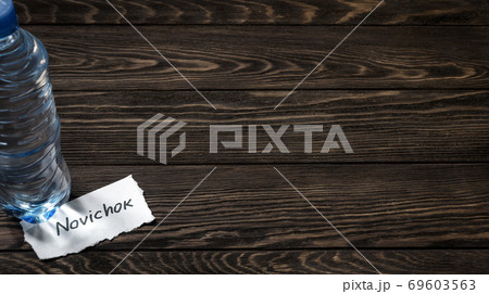 Novichok agent poison and Navalny incident theme for background image. Bottle and note Novichok Novichok agent poison and Navalny incident theme for background image. Bottle and note Novichok 69603563