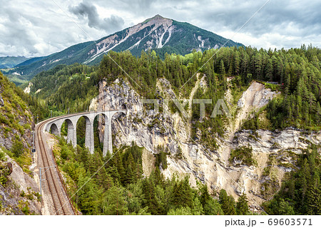 Mountain landscape with Landwasser Viaduct, Filisur, Switzerland. 69603571