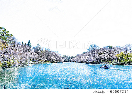 満開の桜と池のボート【色鉛筆】 69607214