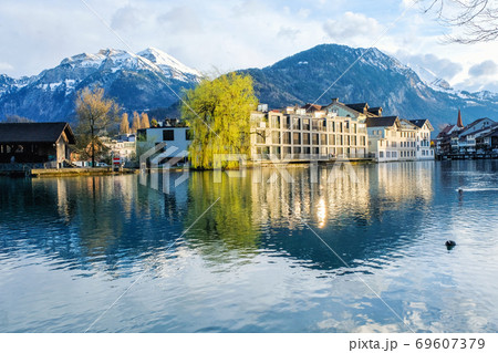 Panoramic view of Interlaken West downtown and Aare river Panoramic view of Interlaken West downtown and Aare river 69607379