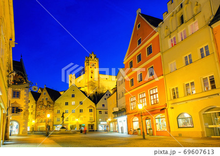 Fussen town Cityscape at night in Bavaria, Germany. Fussen town Cityscape at night in Bavaria, Germany. 69607613