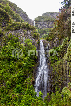 Risco waterfall on madeira island, portugal, in...の写真素材 [69607763] - PIXTA