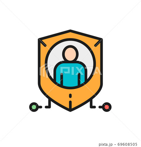 Shield with person, personal protection, privacy flat color line icon. 69608505