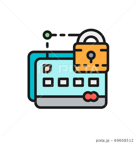 Credit card with lock, web security flat color line icon. Credit card with lock, web security flat color line icon. 69608512