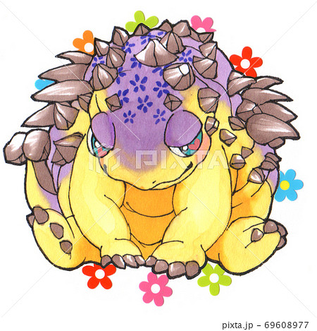 お花と笑顔のアンキロサウルスのイラスト素材