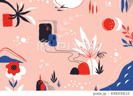 Scribble background. Modern colored pattern with exotic leaves and abstract trendy shapes. Vector hand drawn painted collage 69609810