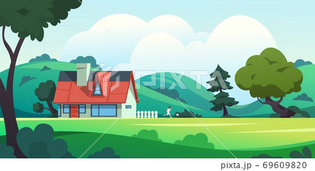 Forest house. Countryside cartoon landscape with rural building among trees and summer nature scene. Vector illustration with home and running kid 69609820