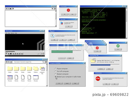 Computer window. Retro browser interface with popup error and warning windows, classic old software UI. Vector website and loading windows set 69609822