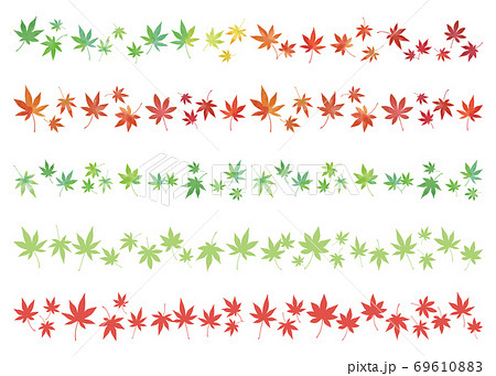 もみじの葉 紅葉 ライン素材5種類セット 水彩画と単色 緑から赤色のグラデーションのイラスト素材