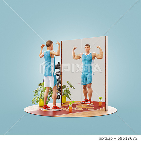 Young skinny man looking in the mirror and imagining herself as muscular bodybuilder. Young skinny man looking in the mirror and imagining herself as muscular bodybuilder. 69613675