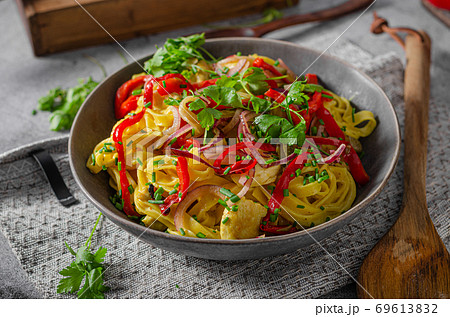 Fresh pasta with fried chicken Fresh pasta with fried chicken 69613832
