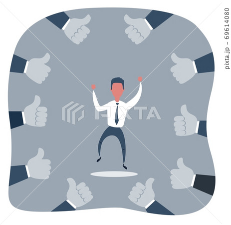 Happy and proud businessman with many thumbs up hands around him. Vector illustration Happy and proud businessman with many thumbs up hands around him. Vector illustration 69614080