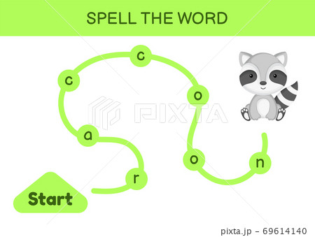 Maze for kids. Spelling word game template. Learn to read word raccoon, printable worksheet. Activity page for study English. Educational activity for development of children. Vector illustration. 69614140