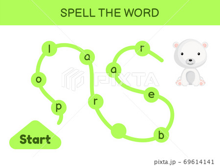 Maze for kids. Spelling word game template. Learn to read word polar bear, printable worksheet. Activity page for study English. Educational activity for development of children. Vector illustration. 69614141