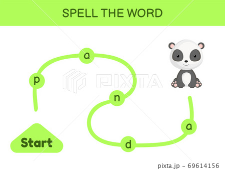 Maze for kids. Spelling word game template. Learn to read word panda, printable worksheet. Activity page for study English. Educational activity for development of children. Vector stock illustration. 69614156