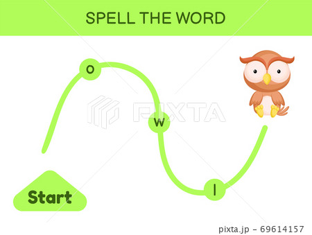 Maze for kids. Spelling word game template. Learn to read word owl, printable worksheet. Activity page for study English. Educational activity for development of children. Vector stock illustration. 69614157