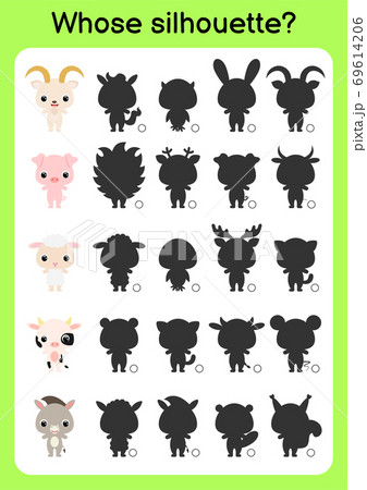 Game template find correct shadow. Matching game for children. Educational activity page for preschool years kids and toddlers. Set of cartoon animals. Colorful vector stock illustration. 69614206