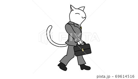 鞄を持ち スーツを着て歩く 白猫のイラスト素材