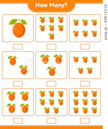 Counting game, how many Ximenia. Educational children game, printable worksheet, vector illustration 69615319