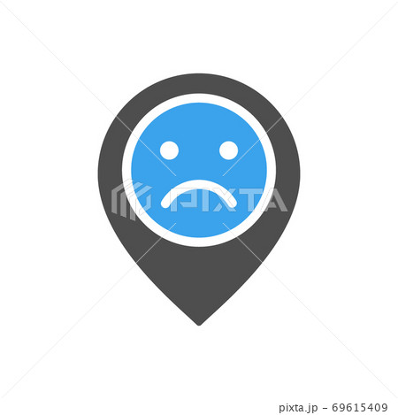 Location mark with sad face colored icon. Customer unsatisfaction, dislike, rating, negative feedback symbol 69615409