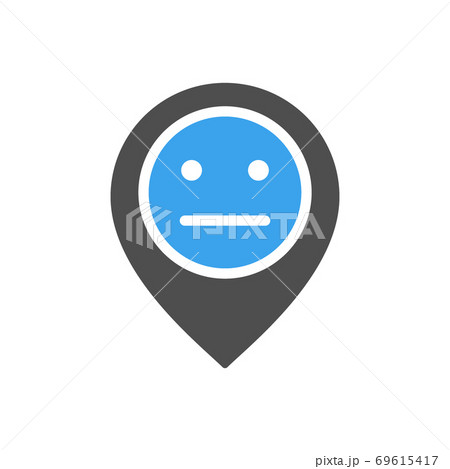 Location mark with neutral face colored icon. Customer unsatisfaction, rating, negative feedback symbol 69615417