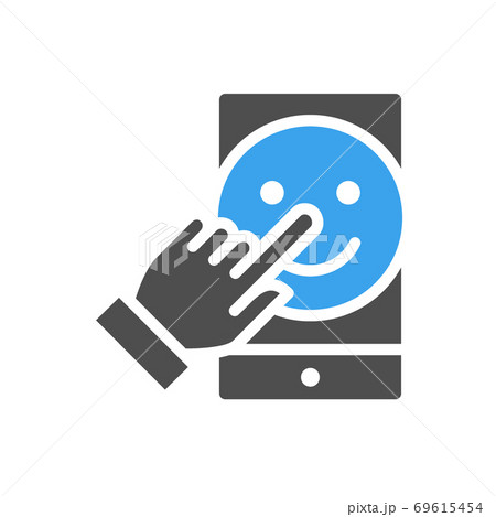 Smartphone with happy face colored icon. Client satisfaction, happy customer, positive review symbol Smartphone with happy face colored icon. Client satisfaction, happy customer, positive review symbol 69615454