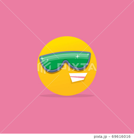 Smiling face with sunglasses emoji isolated on pink background. Smile icon or label. Social media sign 69616016