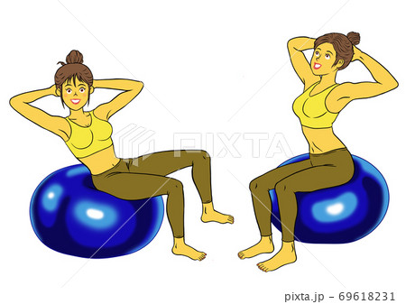 バランスボールをする フィットネスインストラクターの女性2セットのイラスト素材