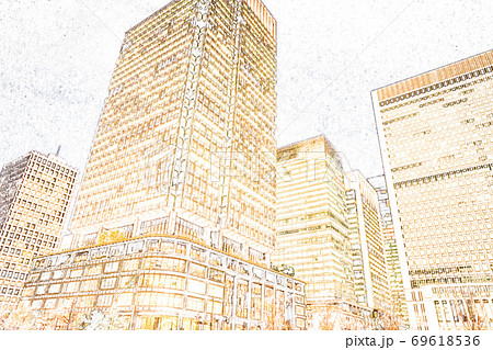 都市風景 超高層ビル 夜景 色鉛筆 のイラスト素材