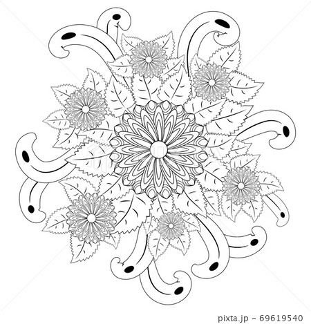 Black and white circle flower ornament, ornamental round lace design. Floral mandala 69619540