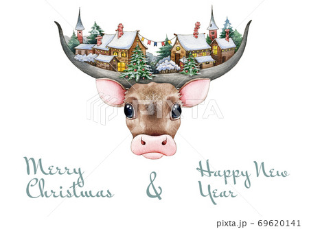 Funny bull with big horns and christmas village. 69620141