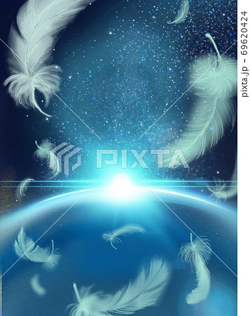 星空と幻想的な宇宙の中舞う羽のファンタジー背景のイラスト素材