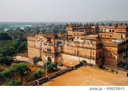 Panoramic view of Orchha Fort Raja Mahal ancient ruins in Orchha, India 69620641