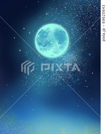 クレーターまで見える拡大満月と青い宇宙のイラスト素材