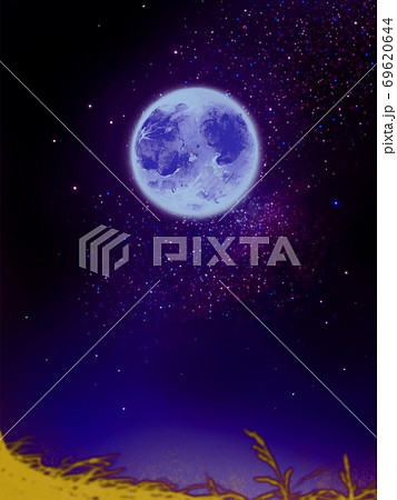 クレーターまで見える拡大満月と青い宇宙のイラスト素材