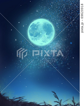 夜空に輝く大きな満月と稲穂のシルエット風景画のイラスト素材