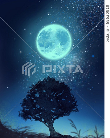 夜空に輝く大きな満月と木のシルエット風景画のイラスト素材