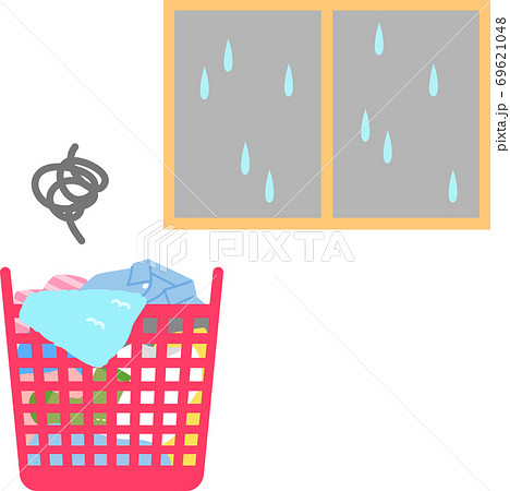 カゴに入った洗濯物と雨天のイメージのイラスト素材