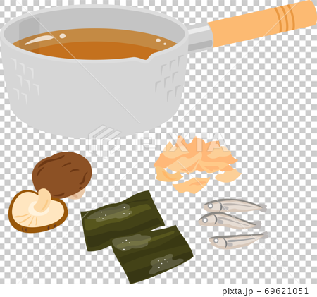 出汁の食材と鍋に入った出汁のイラスト素材
