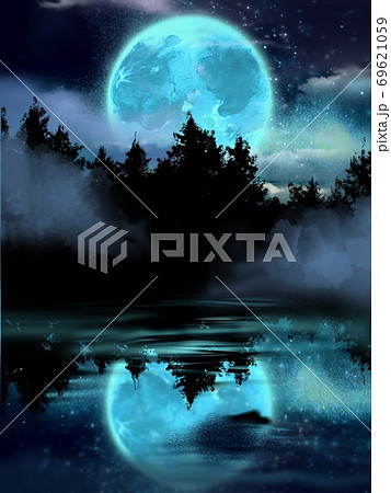 夜空に輝く星と月と湖に反射する深い森のイラスト素材